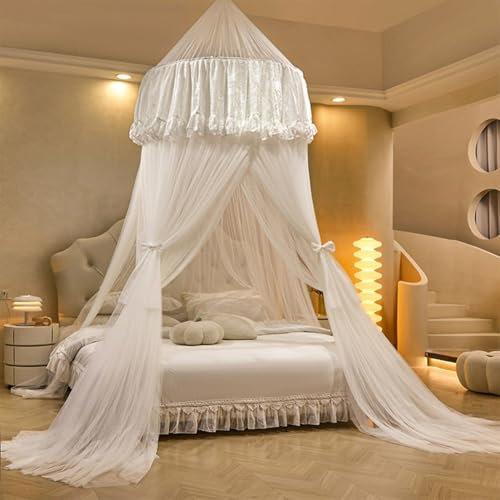 guoiooi Großes Luxus Moskitonetz Doppelbett mit Doppelschicht und Spitzen-Rüschen, Elegant Hängender Betthimmel für Schlafzimmer und Kinderzimmer, Traumhafte Dekoration für Mädchen und Frauen(White)