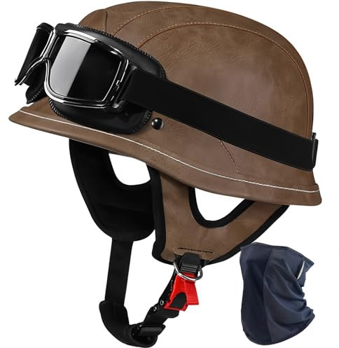 Halbhelm Vintage Leder Motorrad Helm ECE-Zugelassen, Retro Deutscher Stil Jethelm mit Schutzbrille, Herausnehmbarem Innenfutter Schnellverschluss für Scooter Moped Herren Damen Helm