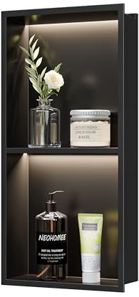 Neohomee Doccia a muro in acciaio inox con luce a LED, doccia nero con ripiano doppia nicchia per bagno, 60 x 30 cm