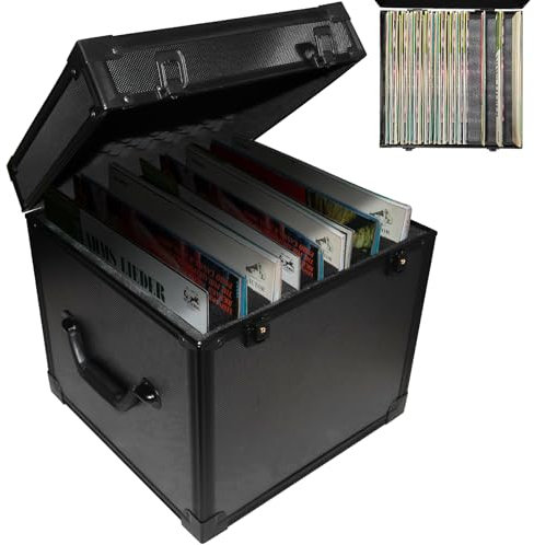 Vinyl Record Storage Case, Vinyl Record Box Holds 7/10/12 Inch 85 Records, Record Storage Crate with Lid, Valuable LP Albums Organizer Collection with Removable Foam