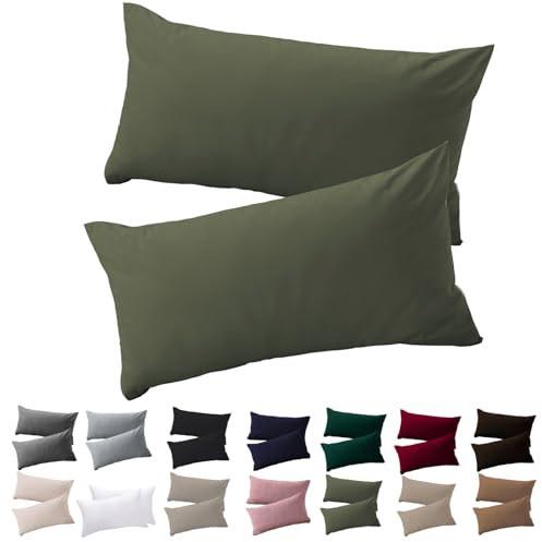 Soifox Kissenbezug 50 x 70 2er Set - Kopfkissenbezug 50x70 Olivgrün 100% Mikrofaser bügelfrei & knitterfrei mit Reißverschluss