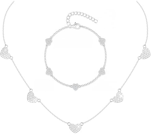 JeweBella Kette Silber Damen Gold Armband Schmuck Set Verstellbare Choker Kette Damen Blume Armband Halskette Herz Zirkonia Schmuck Geschenk Brautschmuck