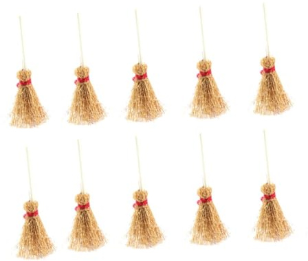 BESPORTBLE 10pcs Mini Witch Brooms Halloween Costume Props with Red Rope Hanging Decorations Large Straw Broomsticks for Party Favors and Crafting