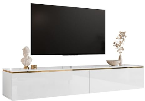 Lookway TV- Lowboard Aurora Hochglanz Weiß, Wandhängend, Goldene Dekorative Leiste, Mit Oder Ohne LED, Modernes Wohnzimmermöbel (mit LED Beluchtung)