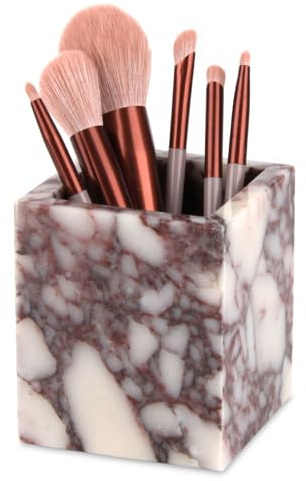 Marble Toothbrush Holder, Calacatta Viola, 8.5 x 8.5 x 10 cm | Natural Stone, Bathroom Countertop Organizer, Multifunctional for Makeup Brushes, Vanity Accessories, Pen, Utensils