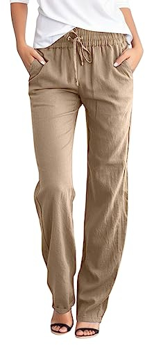 NAJZYBA Sommerhose Damen Leicht Leinenhose Hose Musselin Hosen Stoffhose Einfarbig Freizeithose Gerade Geschnitten Hose Sommerhose und Taschen