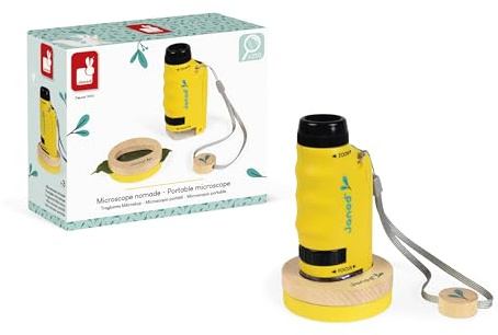 Janod – Taschenmikroskop für Kinder – 50- bis 250-fache Vergrößerung + Holzhalterung – Entworfen für die Entdeckung der Natur und des Gartens Ab 3 Jahren, Grün/Gelb