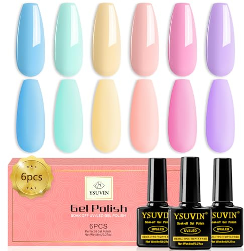 YSUVIN Esmalte Semipermanente, 6 Colores ​Pastel Amarillo Verde Azul Violeta Rosa Pastel​ Kit Uñas Semipermanentes, Pintauñas Semipermanentes Soak Off UV/LED Gel Uñas Diy Manicura Nail Art Set, 8ml