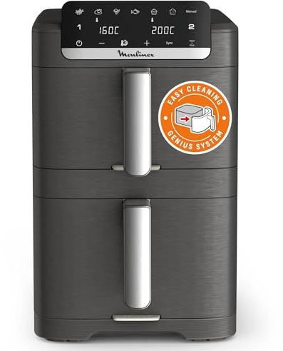 Moulinex - Easy Fry Dual Crispy Stack air fryer - 10 L - Gris | Friteuse sans huile double tiroir verticaux 8 personnes - 7 programmes automatiques - Cuisson synchronisée - Gain de place