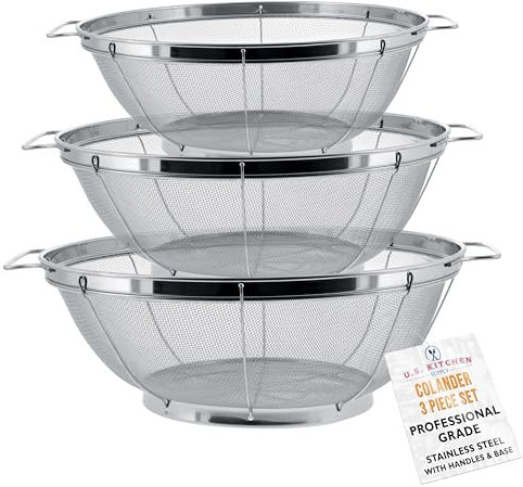 U.S. Kitchen Supply - 3 Piece Colander Set - Stainless Steel Mesh Strainer Net Baskets with Handles & Resting Base - 11 5 Quart, 9.5 4 Quart and 8.5 3 Quart - Strain, Drain, Rinse, Steam or Cook