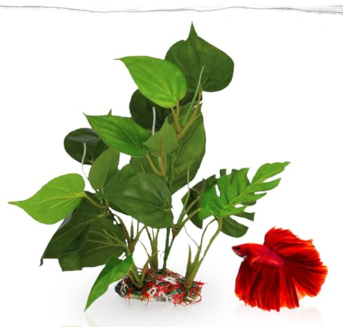 SunGrow Plastic Leaf Plant for Freshwater or Marine Tanks, 10 Inches Tall, Ultra-Realistic Fake Plant, Blunt Leaf Edges Protect Fish Fins, Hiding Spot for Fish, Reptiles, Amphibians