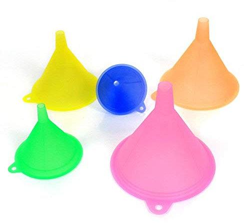 Lot d’entonnoirs couleurs arc-en-ciel – 5 Entonnoirs en plastique transparent pour huile liquides laboratoire, cuisine, gadget (couleur aléatoire)