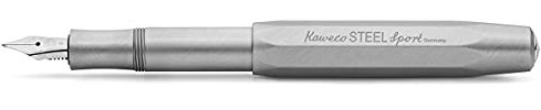 Kaweco STEEL SPORT Füllhalter I Premium Edelstahl Füllfederhalter für Tintenpatronen mit hochwertiger Stahlfeder I Luxus Füller aus gebürstetem Stainless Steel 13 cm I Federbreite: B (Breit)