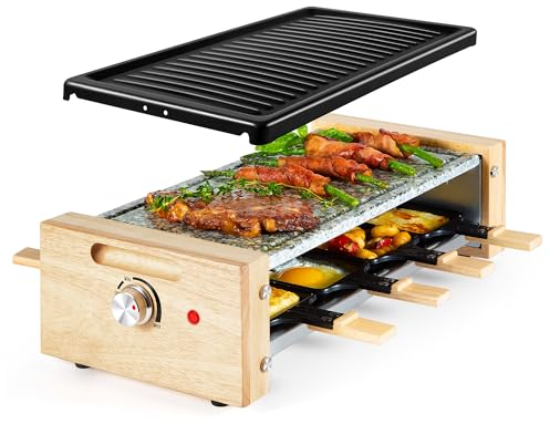 VonShef Raclette Grill Electric – 1200W Stone Raclette Machine for 8 Person, 2 Removable Non-Stick Plates & Adjustable Temperature Dial, Scandi Wooden Design, 8 Mini Pans & Cool Touch Handles