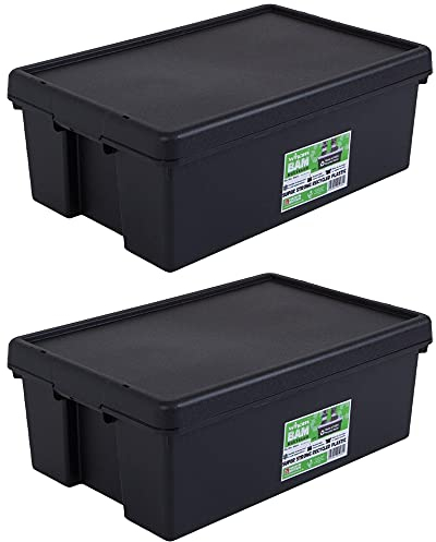 Wham Bam 100% Recycled Super Strong Impact Resistant Black Re-Usable Storage Boxes With Lids 62 Litre 59.5 x 40 x 37cm (2 Boxes)