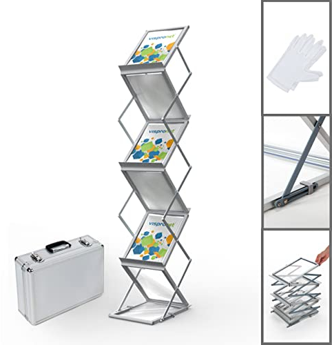 Vispronet® Faltbarer & Doppelseitiger Prospektständer DIN A4 Hochformat ✓ Flyerhalter ✓ Katalogständer ✓ Prospekthalter (mit Transportkoffer & Spezial-Handschuhe)