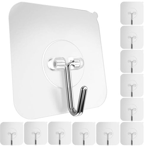 GLUIT Adhesive Hooks for Hanging Heavy Duty Wall Hooks 22 lbs Self Adhesive Sticky Hooks Waterproof Transparent Hooks for Keys Garage Outdoor Office Workshop Door Sticky Hook 12 Pack
