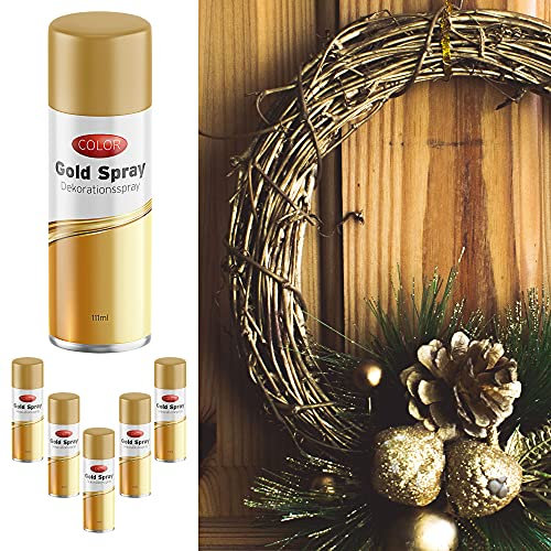 Dekospray zum Basteln 111ml | 6er Set Spraydose gold | Weihnachten Glitzerspray Glanzspray (1 x 6er Set Spraydose gold)