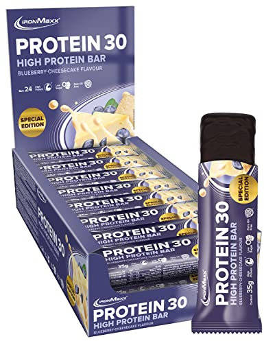 IronMaxx Protein 30 Eiweißriegel – Blueberry Cheesecake - 24x35g | High Protein Bar 30% Eiweiß, Low Carb & zuckerreduziert | Vitaminreicher Fitness Snack für Muskelaufbau & Diät