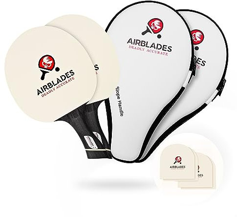 AIRBLADES Profi Tischtennisschläger 2er Set + zwei Ersatzgummis | Pro Tischtennisschläger mit harter Tragetasche | ergonomischer Griff | 5 Klingen aus Holz mit Premium Gummi und Schwamm