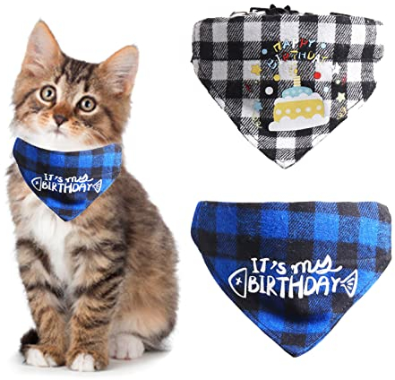 HACRAHO Katzen-Geburtstagstuch, 2 Stück, verstellbar, kariert, Katzenhalsband, Bandana, Katze, Geburtstag, Halsband mit abnehmbarem Bandana für Kätzchen, Blau und Schwarz