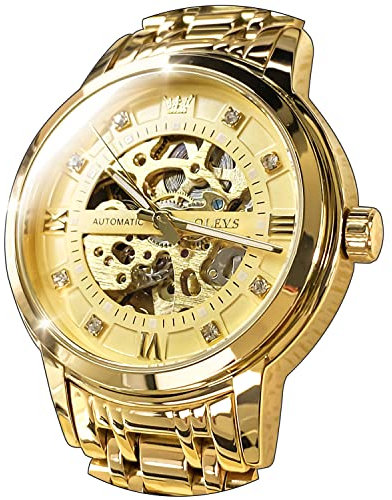 OLEVS Herren Gold Skelett Automatisch Mechanische Uhren Luxus Business Kleid Selbstaufzug Diamant Edelstahl Wasserdicht Leuchtende Armbanduhren, All Glod