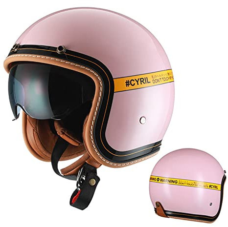 Motorrad Jethelm Mit Sonnenblende, 3/4 Retro Vintage Scooter Helm Für Herren Damen, Erwachsene Half Face Vespa Helm Für Moped Cafe Racer Jet Pilot Bobber, DOT/ECE-Geprüft,Rosa,XXL