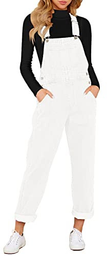 Roskiky - Salopette décontractée en denim extensible pour femme - Salopette en jean avec poches, Blanc brillant, L