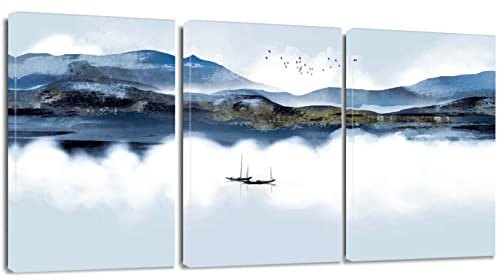 Artscope 3 Teilig Leinwandbilder mit See und Boot Motiv Kunstdruck - Moderne Wandbild für Badezimmer Wohnzimmer Wanddekoration - 30 x 40 cm