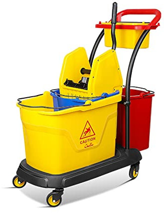 amhricho Reinigungswagen, Doppeleimer-Reinigungseimer mit Wringer, 35 l großer professioneller Reinigungswagen, mit Rädern zum einfachen Bewegen, für den privaten und gewerblichen Gebrauch