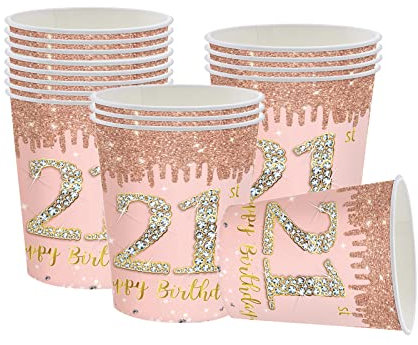 YAAVAAW Happy 21st Birthday Paper Cups Rose Gold,16Pcs Girls Birthday Party Cups Tableware,21st Birthday Decorations Cups for Girls,Kids,Her 21st Birthday Party Supplies Table Decorations