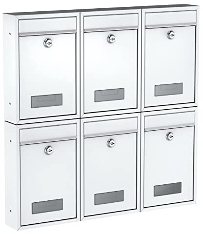 BASI | 6er Set Briefkasten | Wandbriefkasten Kompaktbriefkasten | DIN B5 | Namensschild jeweils 2 Schlüssel | Befestigungsmaterial | Briefkastenanlage | Stahlbriefkasten | Weiß Matt | 6 Stück