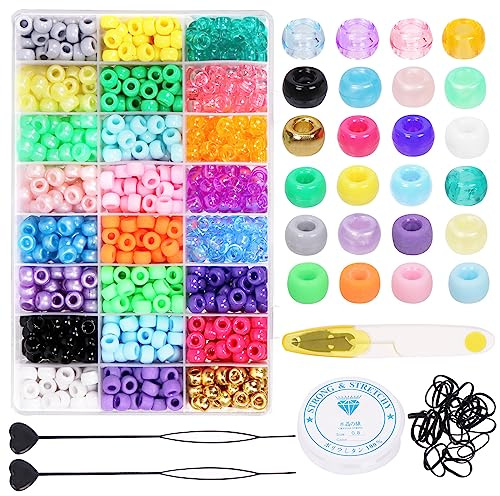 Swpeet 1254Pcs 24 Colors Beads for Hair Braids Kit, Hair Beaders Rubber Bands, Including Candy Pony Beads, Elastic Rubber Bands, Quick Beaders for Hair Braids, Scissors and Bead Thread