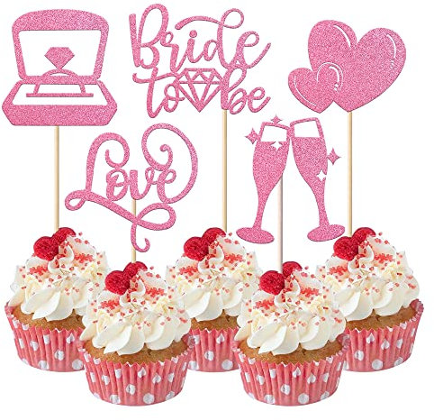 Rsstarxi 30 Stück Bride to Be Cupcake-Topper mit Glitzer Liebe Herz Ring Champagner Brautdusche Cupcake Picks Dekoration für Hochzeit Verlobung Junggesellinnenabschied Zubehör Rosa