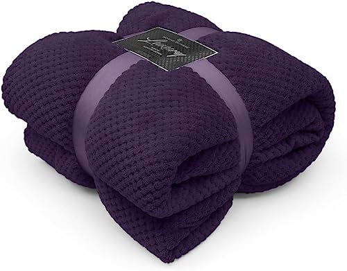 FAIRWAYUK Waffle Honeycomb Throw Fleece Blankets, 100% Polyester Warm Faux Fur Throws Over Sofa Bed Settee Soft Blanket, Extra Large (Purple, Single Size 130x150cm)
