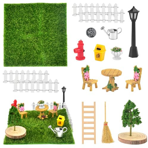 LANSKYLAN 17Pcs Miniatur Garten Zubehör Set Miniatur Kunstrasen mit Zaun Feentür Zubehör Outdoor Gartengeräte Miniaturgarten Miniatur Gartengeräte Deko mit Miniatur Kunstrasen Zaun Treppe Baum Besen