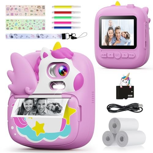 CAMCLID Camara Fotos Infantil Instantanea, 2,4 ’‘ HD 1080P Cámara Fotos Infantil con Tarjeta de 32G y Papel Fotográfico de Impresión, Niños y Niñas de 3 a 12 años (Violeta)