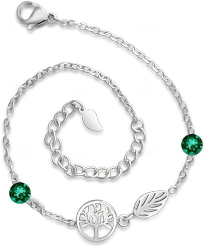Générique Bijoux Acier Inoxydable Arbre de Vie Avec des Véritables Cristaux. Cadeau Anniversaire Femme Bracelet, Original, Utile, Noel, Fete des Meres (Bracelet Acier Arbre de Vie + Feuille - Vert)