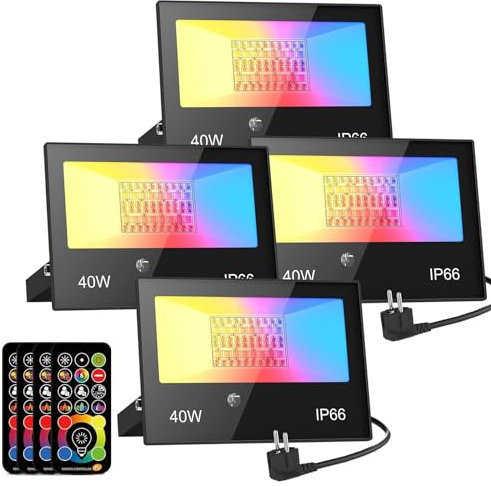 RGB LED Strahler Außen 40W Fluter Mit Fernbedienung, 120 Farben 5 Modi Farbwechsel Flutlicht LED Innen, 4000LM Kaltweiß IP66 Wasserdicht Außenstrahler für Garten, Hinterhof, Garage, Flur - 4er/Set