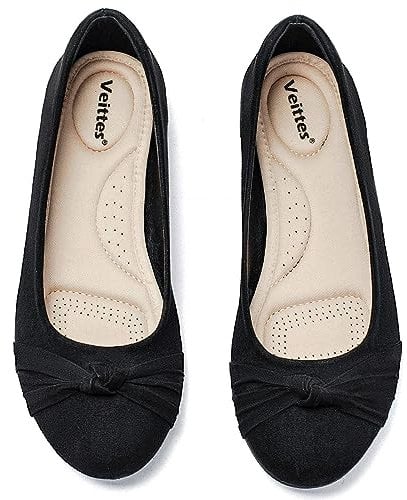 Veittes Women's Wide Width Flats Shoes - Ladies Cute Round Toe Slip-on Fashion Bow Ballet Shoes.(2109004-2310,BK/MF,UK6.5 Wide)