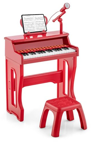 COSTWAY 37-Tasten Kinder Keyboard, elektronisches Kinderklavier mit Hocker, verstellbarem Mikrofon & Notenständer, Kinderpiano Klaviertastatur für Kinder ab 3 Jahren (Rot)