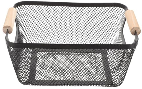 TOPBATHY Black Metal Mesh Basket with Wooden Handle - Versatile Storage Solution for Kitchen Bathroom Office - Nordic Style 10 04 X 6 69 X 4 13 Inches