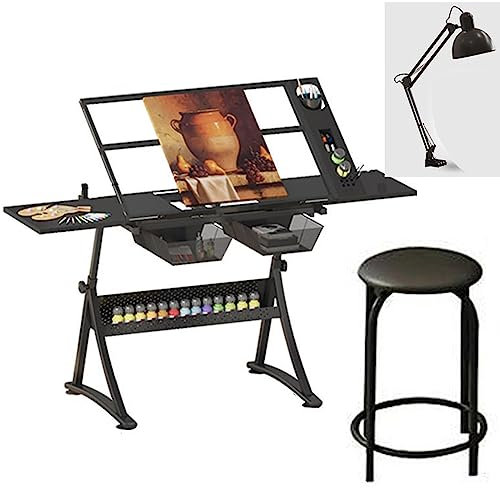 CASEGO Die Höhe des Maltisches ist verstellbar und stabil, ohne zu wackeln, geeignet für Wohnzimmer, Studio, Klassenzimmer usw. (Basic+lamp+Chair)
