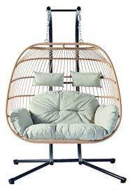CONCEPT USINE | Fauteuil Suspendu 2 Places | FARO Naturel | Résine Aspect Rotin | Structure en Acier Robuste | Grand Coussin Déhoussable | Hamac Balançoire 2 Personnes sur Pied Terrasse Jardin Patio
