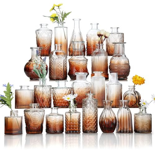 Lot de 25 mini vases à bourgeons en verre ambré pour centres de table en vrac, petits vases à fleurs vintage pour mariages, fêtes, décoration de table
