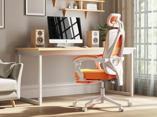 Dowinx Bürostuhl Ergonomisch, Schreibtischstuhl mit Kopfstütze, Lendenwirbelstütze, Chefsessel Bürostuhl mit Fußstütze, Höhenverstellbar, Verstellbare Rückenlehne, Mesh Bürostuhl 150kg, Orange