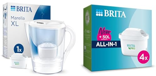 BRITA Marella XL Water Filter Jug White (3.5L) incl. 1x MAXTRA PRO All-in-1 cartridge - large-volume & MAXTRA PRO All-in-1 Water Filter Cartridge 4 Pack (NEW) - Original refill reducing