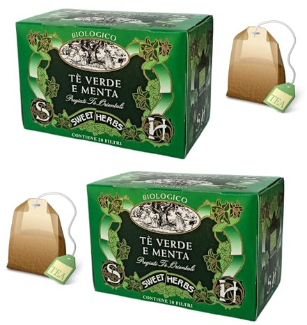 Sweet Herbs® | Tè Verde Biologico e Menta Dolce | Tè Verde Orientale e Foglie di Menta - 2 x 20 Filtri in Singole Bustine (60 Gr)