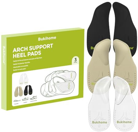 Bukihome Arch Support Shoe Insoles for Flat Feet, Gel Arch Inserts for Plantar Fasciitis, 3 Pairs Adhesive Arch Pad for Relieve Pressure and Feet Pain (S+Transparent Color+Skin Color+Black)