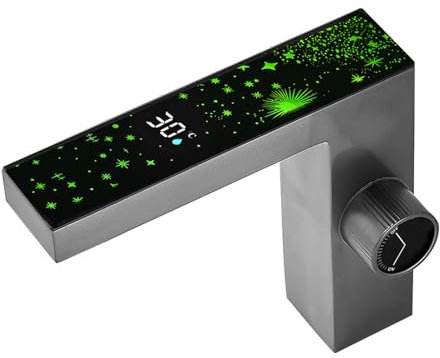 SWHC Wasserhahn Bad, LED Digitalanzeige Waschtischarmatur Messing Waschbecken Armaturen Grau Einhebelmischer Mischbatterie Waschbecken Wasserhahn Badezimmer mit Sternenhimmel Umgebungslicht